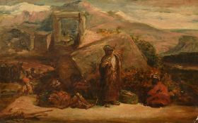 Circle of William James Muller, Arab figures on a ridge with mountains beyond, oil on canvas, 14