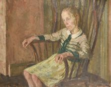 Sarah Hollebone (1932-2022), portrait of a young girl seated in a chair, oil on canvas, signed,