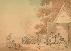 After Rowlandson, a hand coloured etching of figures in a farmyard, 7