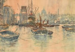 Harry Woods (1864-1929), barges on the Thames, watercolour, signed, 10