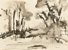 Rose Domb (20th Century), a view through trees, ink and wash, signed, 11