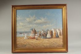 S. Hobbs (20th Century), Manner of Boudin, Edwardian figures on a beach, oil on canvas, 20