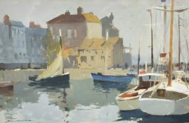 Edward Wesson (1910-1983), boats in a harbour, gouache and watercolour, signed, 12.5