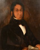 19th Century, a portrait of a gentleman holding a scroll, oil on board, 26