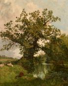 Late 19th Century English School, a young boy fishing with resting sheep beyond, oil on canvas,