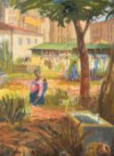 African/Asian School (20th Century), Figures near a covered market, oil on canvas laid on board, 24