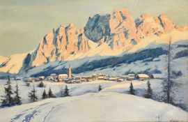 Albert Meindl (1891-1967) Austrian, an alpine town at dusk, oil on canvas laid down, signed and