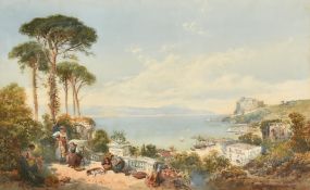 Circle of Richardson, figures on a terrace overlooking an Italian bay, watercolour, bears signature,