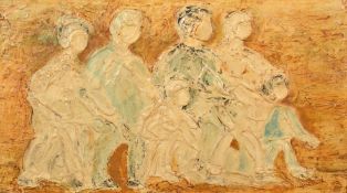 Rose Domb (20th Century), a gathering of figures travelling, oil on board, dedicated verso, 12