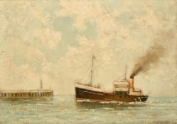English School, Circa 1924, a ship entering a harbour, oil on canvas, indistinctly signed, 14