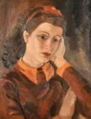 Mid-20th Century English School, a bust length portrait of a pensive lady, oil on canvas, 24