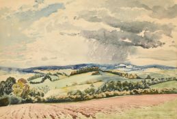 Guy Malet (1900-1973), 'Crowboro, Sussex, 1952', a sweeping downs view, watercolour, 9.25