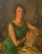Walter Bowman Russell (1871-1963), a portrait of an elegant lady in a green dress, 'Mrs Guy