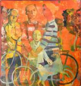 Andrey Bludov (b. 1962) Ukraine, 'A Family', a collection of figures with bicycles, oil on canvas,