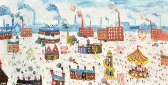 Simeon Stafford (b. 1956), figures at a fairground in an industrial landscape, oil on panel, signed,