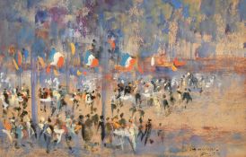 Water John Beauvais (1942-1998), elegant figures dining amongst French flags, gouache with oil