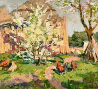 Anatoli Fomin (1925-2013), chickens amongst blossoming trees in a farmyard, oil on canvas, signed,