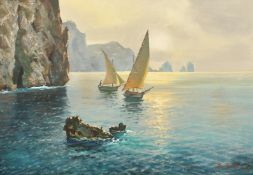 Italian School, Circa 1969, traditional boats off the island of Faraglioni, oil on canvas,