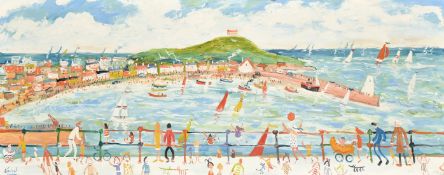 Simeon Stafford (b. 1956), 'St. Ives', figures in a busy bay, oil on panel, signed, 19.5