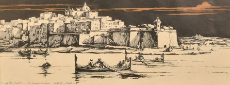Circa 1970, a pair of tinted prints of views of the Grand Harbour Valletta, Malta, 8.25