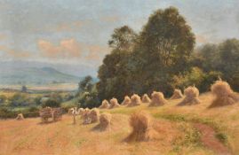 Josiah Clinton Jones (1848-1936), figures resting at harvest time with a distant view beyond, oil on