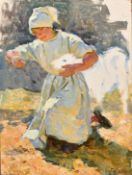 Sergei Khalkin (b. 1925), a young farmgirl feeding a calf, oil on canvas, signed, 18.75