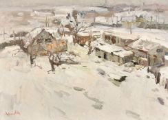 Oleksandr Khrapachov (b. 1981), Ukraine, buildings in a winter landscape, oil on canvas, signed,
