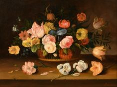 A. Feist (20th Century), a still life of mixed flowers in a basket, oil on panel, indistinctly