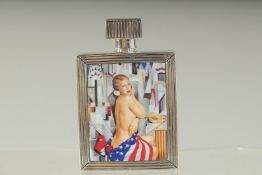 A SILVER AND ENAMEL DECO STYLE PERFUME BOTTLE. 7.5cms.