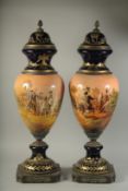 A LARGE PAIR OF PORCELAIN NAPOLEONIC VASES with an all round design of Napoleon. 34ins high.