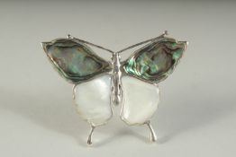A SILVER ABALONE AND MOTHER-OF-PEARL BUTTERFLY BROOCH, boxed.