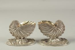 A GOOD PAIR OF VICTORIAN CAST SILVER SHELL SALTS. London 185, weight: 10ozs.