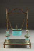 A GOOD CIRCA 1900 FRENCH GILT METAL DRESSING TABLE SET with two glass bottles and mirror base.