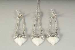 SILVER CARVED MOTHER-OF-PEARL ART DECO STYLE EARRINGS AND PENDANT.