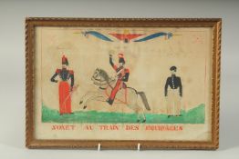 A NAIVE FRENCH WATERCOLOUR PAINTING. SONET AU TRAIN DES EQUIPAGES 9.5ins x 14ins.