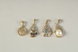 FOUR VARIOUS 18CT GOLD PENDANTS.