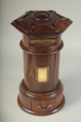 A GOOD GEORGIAN STYLE MAHOGANY CIRCULAR MINIATURE POST BOX with brass letter flap, panel door and