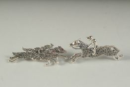 TWO SILVER MARCASITE HORSE RACING BROOCHES, boxed.