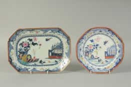 A DERBY PLATE AND EARLIER CHINESE PORCELAIN DISH of the same pattern. Clobbered decoration. Circa