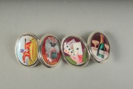 A GOOD SET OF SILVER AND ENAMEL FOUR VICES CUFFLINKS, boxed.