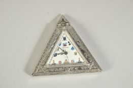 A CERVINE SILVER MASONIC TRIANGULAR POCKET WATCH.