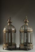 A PAIR OF COPPER METAL GLAZED LANTERNS. 24ins high.