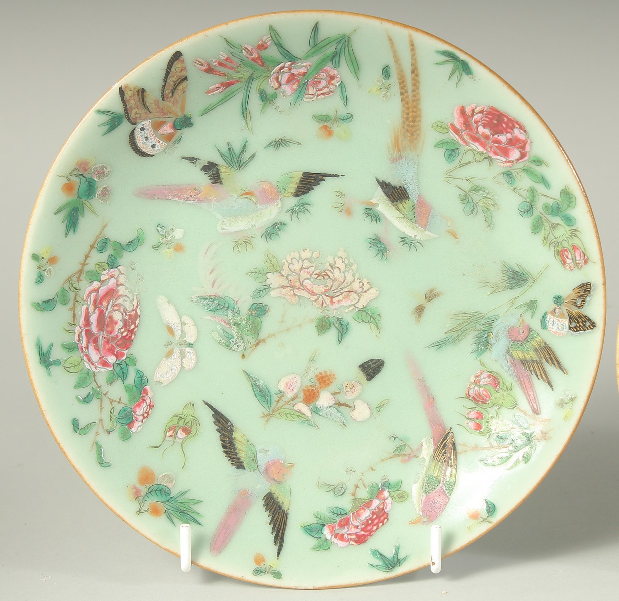 FOUR CHINESE CANTON TURQUOISE GROUND FAMILLE ROSE DISHES, together with a small famille verte - Image 2 of 12