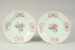 A PAIR OF 19TH CENTURY CHINESE FAMILLE ROSE PORCELAIN PLATES, with central floral spray and four