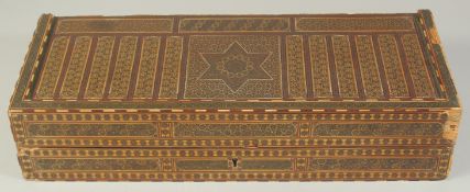 A PERSIAN QAJAR MICRO MOSAIC KHATAMKARI INLAID WOODEN BOX, (af), 32cm x 21cm.
