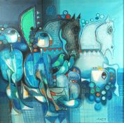 AMER AL OBAIDI (B. 1943) - IRAQ: untitled composition with figures, horses, birds, oil on canvass,