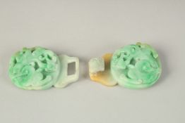 TWO FINE CHINESE CARVED JADE INTERLOCKING BELT HOOK PIECES, each piece 6cm wide, (2).