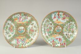 A PAIR OF CHINESE CANTON FAMILLE ROSE PORCELAIN PLATES, painted with panels of figures, birds and