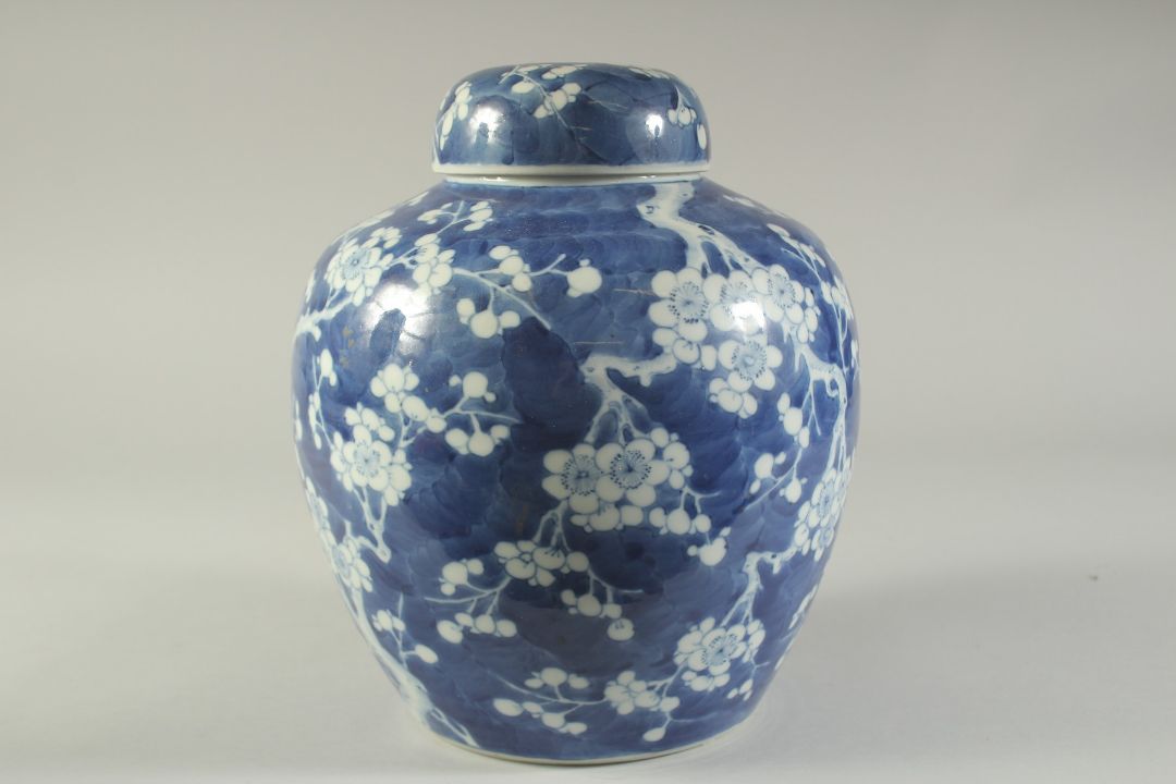 A LARGE CHINESE BLUE AND WHITE PORCELAIN PRUNUS JAR AND COVER, the base with character mark, 29cm - Image 4 of 7