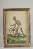 A LARGE EARLY 19TH CENTURY INDIAN WATERCOLOUR PAINTING, depicting a potter, framed and glazed, image